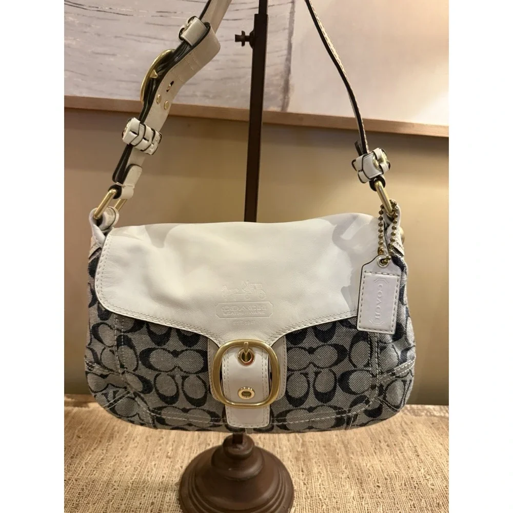 Vintage Coach Bleecker Denim Signature White Leather Trim Flap Bag Satchel 11772
